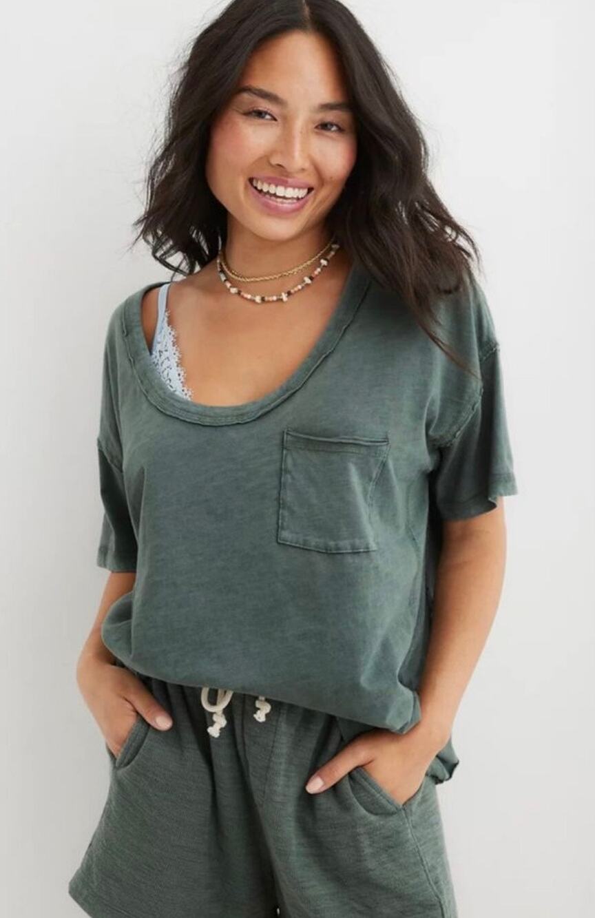 Aerie Voop Oversized Boyfriend T-Shirt Green Size Medium Relaxed Boho Casual